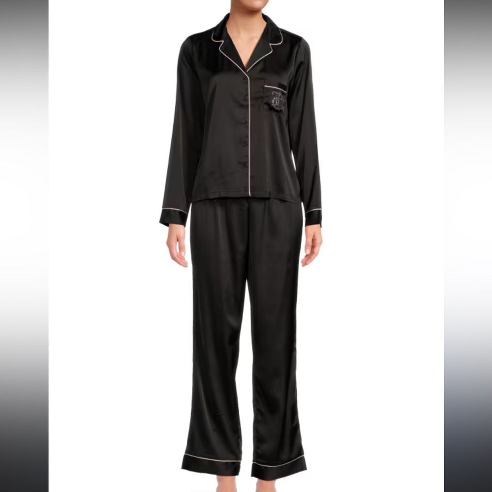 Juicy Couture Black Satin Pajama Set Rhinestone Logo Medium Long Sleeve Y2K 90s